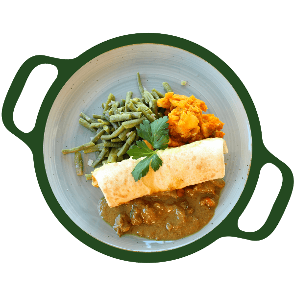 Lams massala, aardappelen, kouseband en roti koek (Halal)
