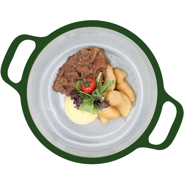 Belgische stoofpot met gestoofde appel en aardappelpuree
