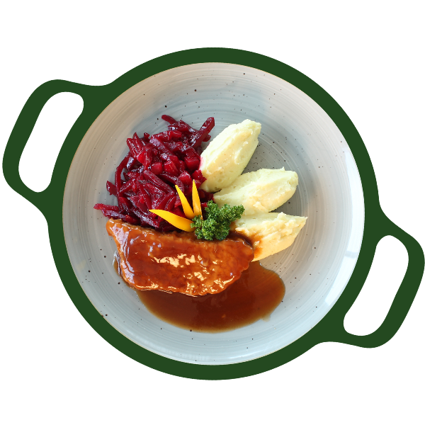 Hamlap, rode bieten met appel en aardappelpuree