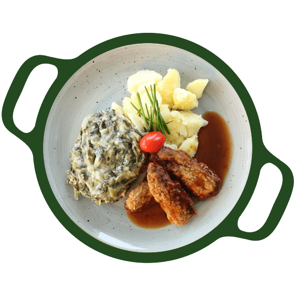 Chickenless dippers, andijvie a la crème en aardappelen (Vega)