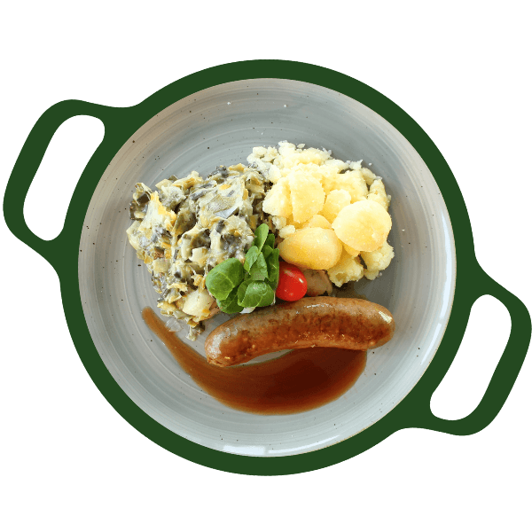 Rundersaucijs, prei met saus en aardappelen