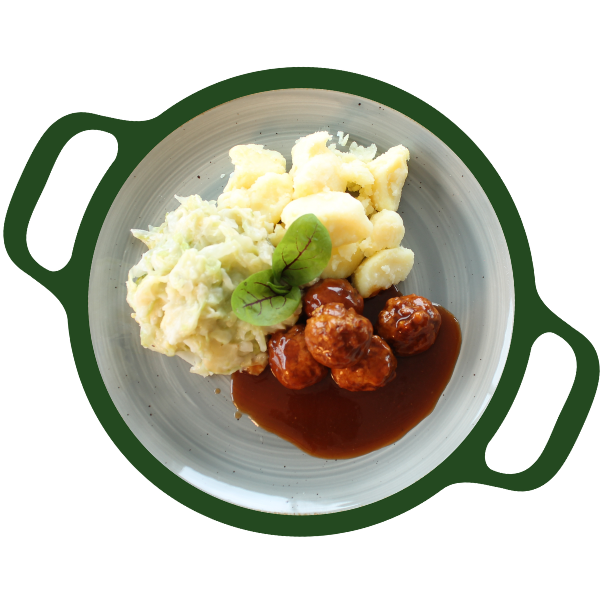 Vegaballetjes, spitskool met saus en aardappelen (Vega)