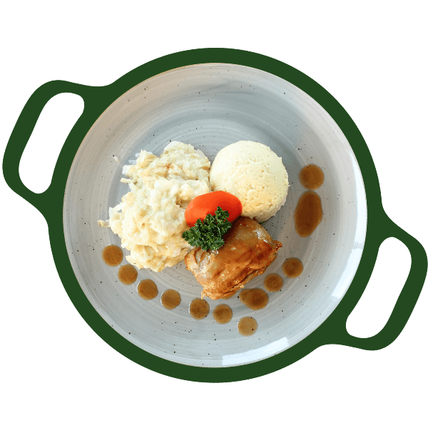 Slavink, spitskool met saus, aardappelpuree