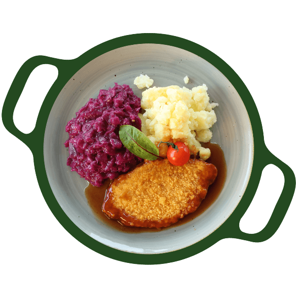 Vegetarische schnitzel, rode kool met appel en aardappelen (Vega)