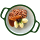 Varkenssaucijs, bruine bonen met spek en aardappelpuree