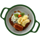 Kipvink, tuinbonen met saus en aardappelen