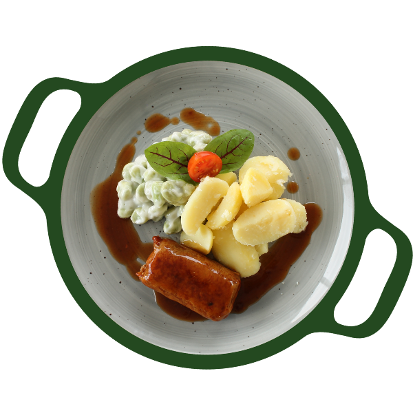 Kipvink, tuinbonen met saus en aardappelen