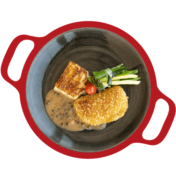 Vegetarische cordon bleu, pepersaus, bonenmelange en aardappelgratin (Vega)