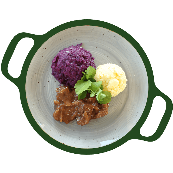 Runderhachee , rode kool met appel en puree(Glut/Lac)